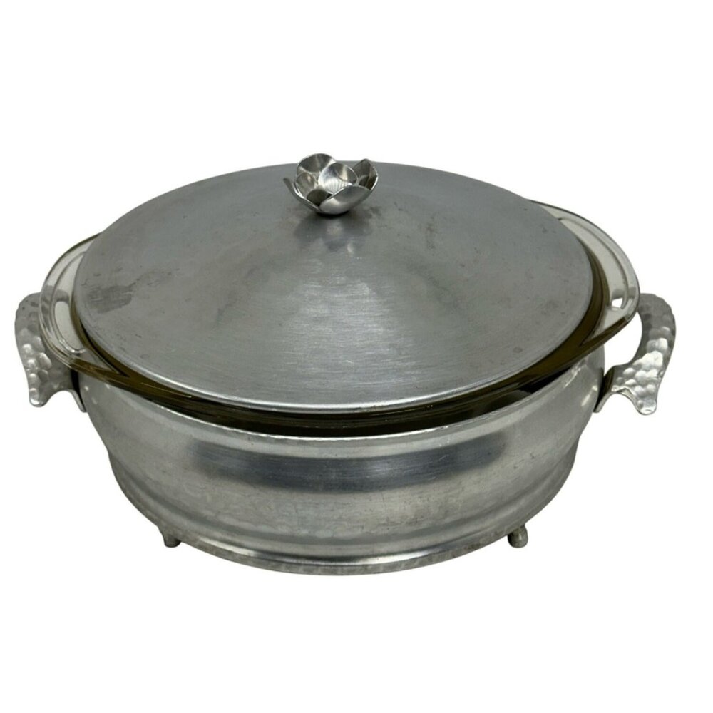 VTG‎ Hammered Aluminum Casserole Server w/ Pyrex Liner & Lid | MCM Food Warmer